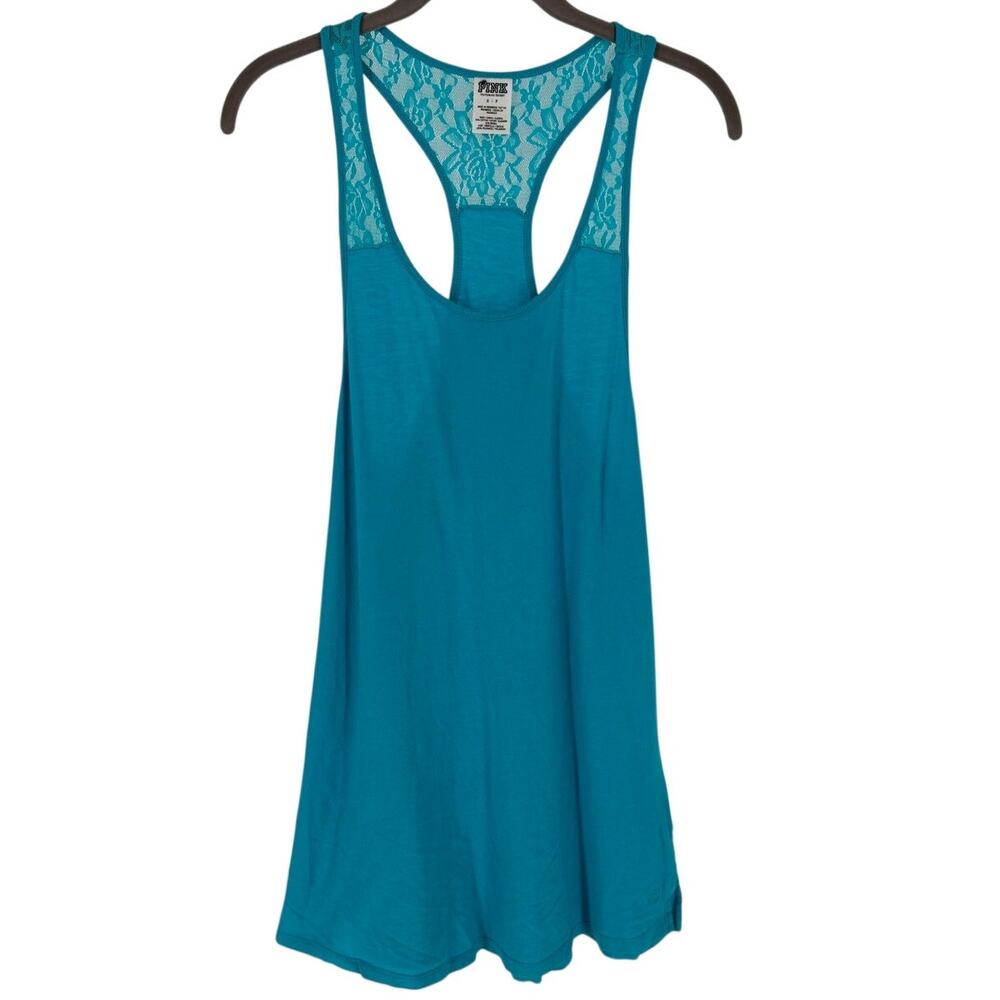 Victoria's Secret PINK Racerback Tank Top Lace Strap Teal Blue Size SM Oversized